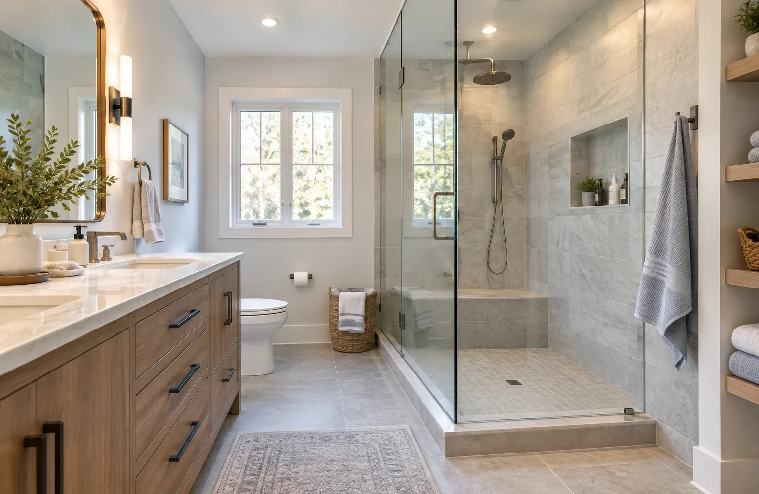 Modern bathroom with a walk-in shower, wood vanity and durable tile
