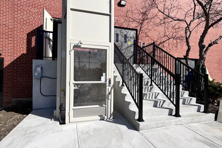 Exterior accessibility lift and entrance stairs