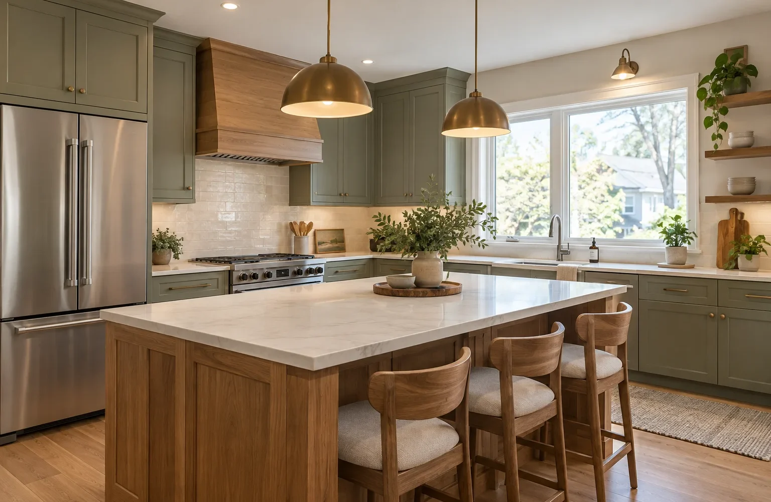 Modern kitchen with sage cabinetry, wood details and a practical island