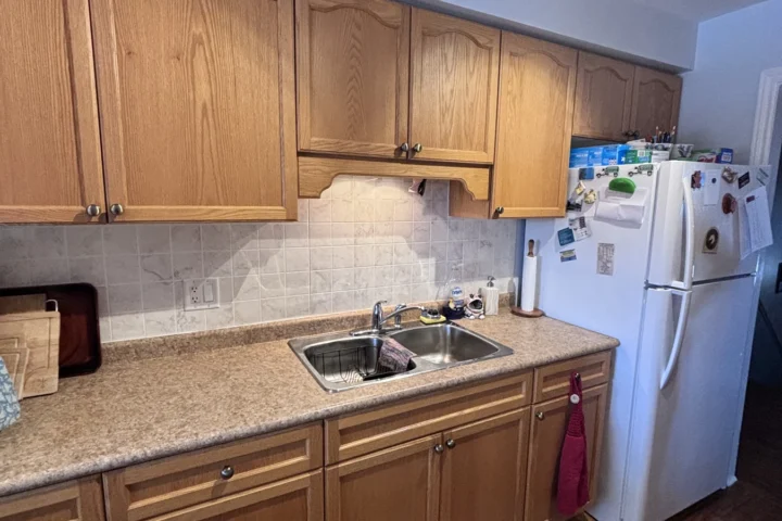 Original wood kitchen cabinets and sink